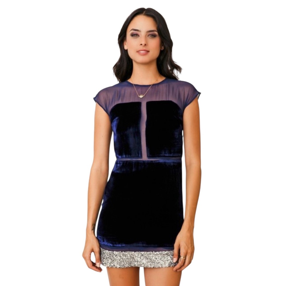 Funktional Velvet Silk blend Dress Blue Sequin Sheer Party Cocktail Mini Dress M